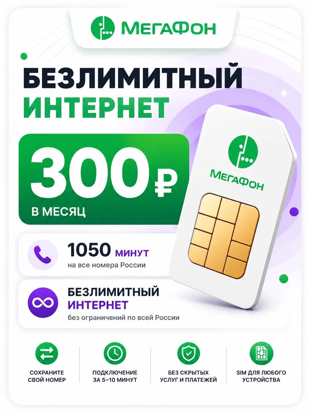МЕГАФОН 300РУБ | Безлимитный интернет, 1050 минут