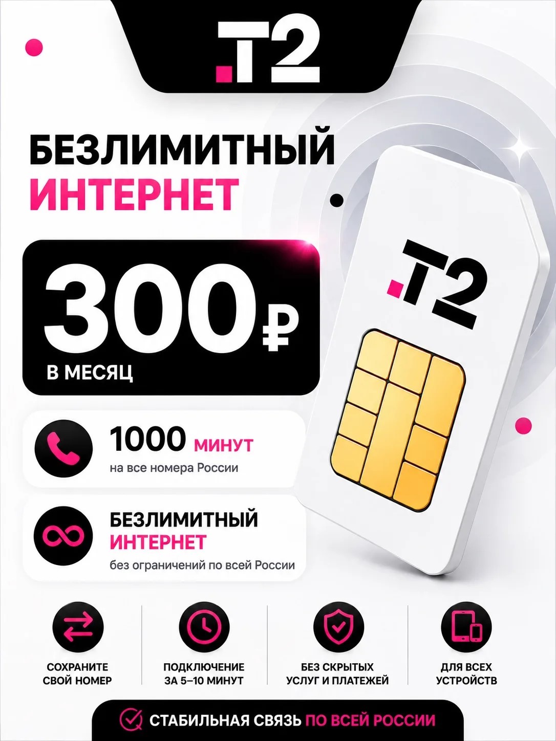 ТЕЛЕ2 300РУБ | Безлимитный интернет, 1000 минут.
