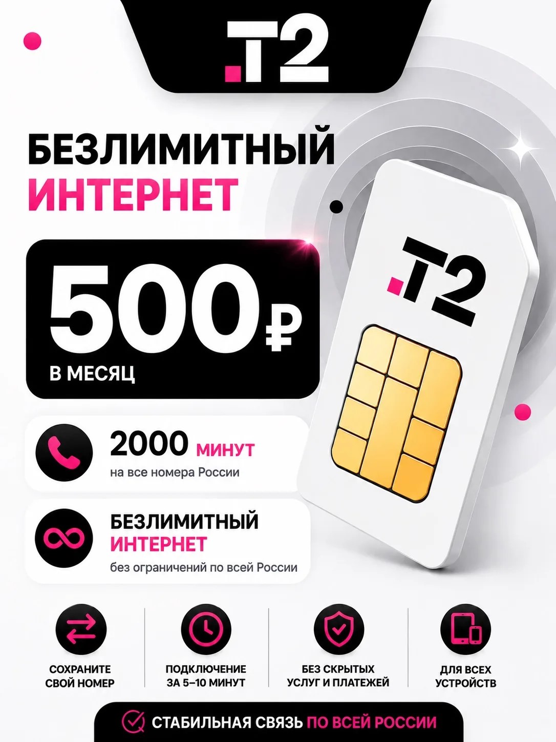ТЕЛЕ2 500РУБ | Безлимитный интернет, 2000 минут.